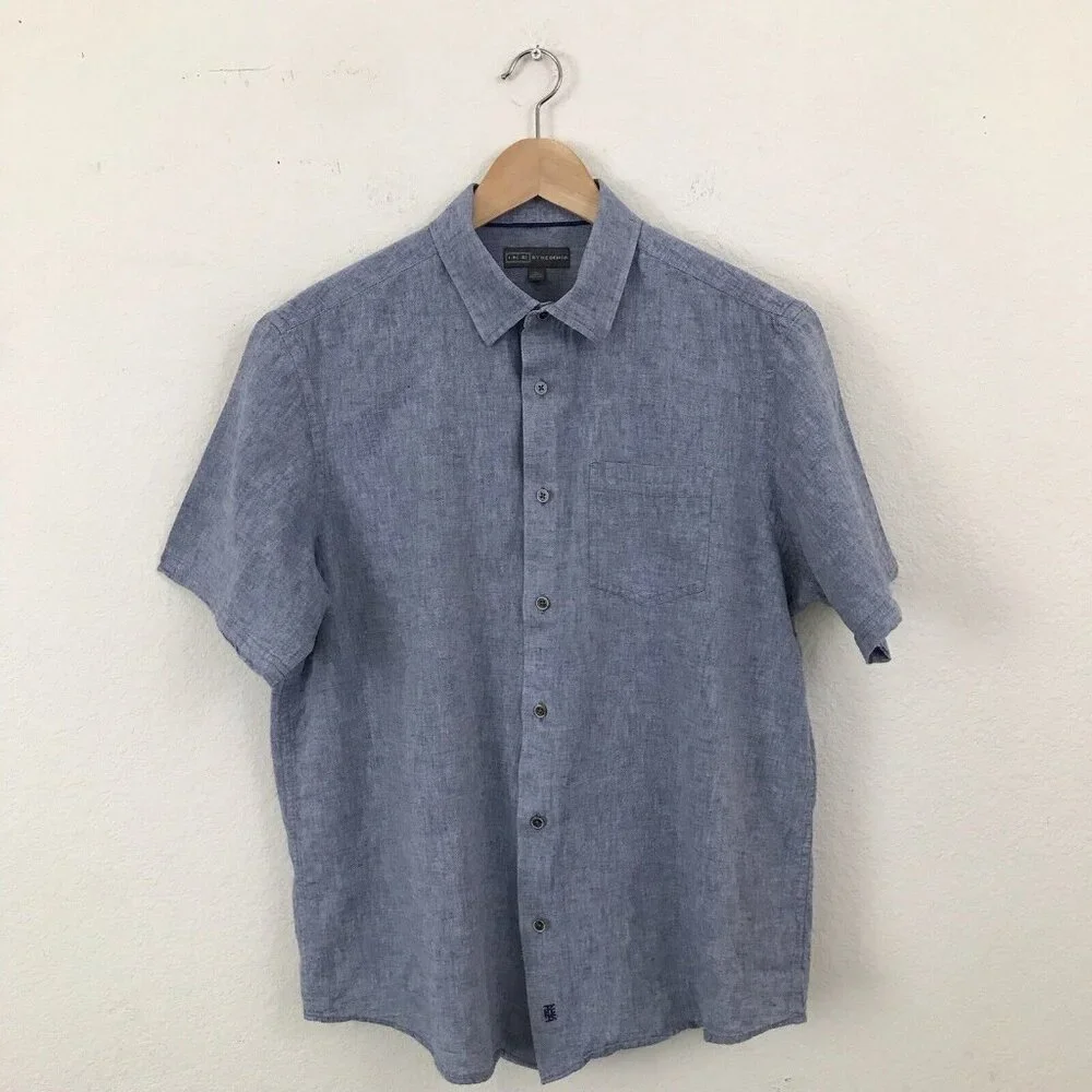Ike Behar Short Sleeve Linen/Cotton Button Down Blue Shirt | size‎ L